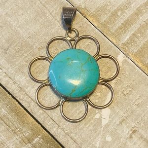 Sterling & Turquoise Flower Pendant Marked Mexico 925 NH